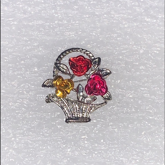 Red, Pink, & Gold Roses in Silver Tone Basket Brooch/Pin - Picture 2 of 16